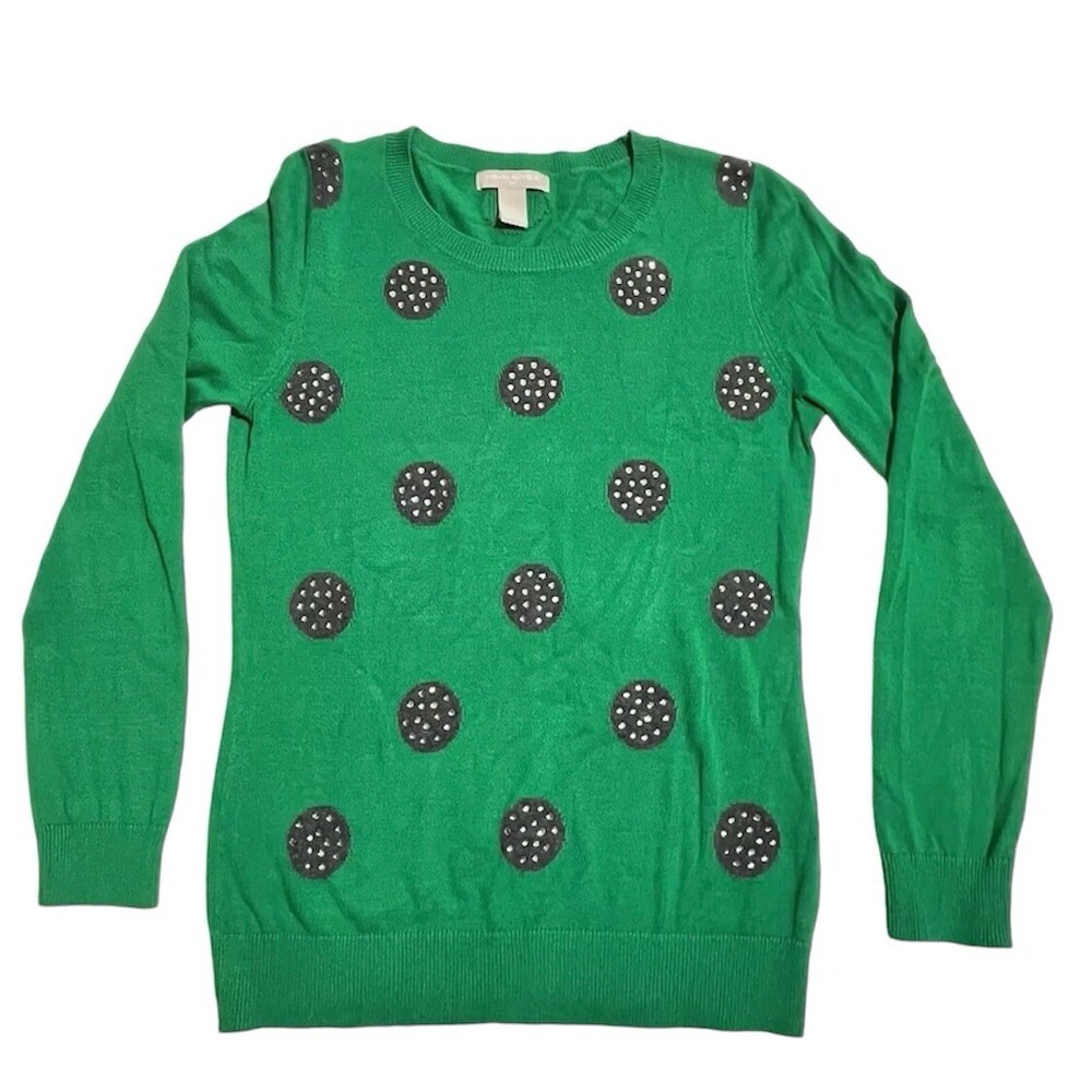 Banana Republic Sweater Womens Embellished Polka Dots Crew Neck Green Small